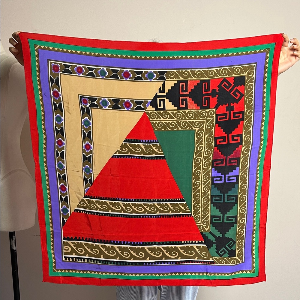 Vintage Golden Camel 100% silk hand rolled, hand printed colorful square scarf